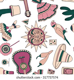 Seamless vector pattern with hand drawn mexican elements. Perfect background for your design. Travel to Mexico texture.