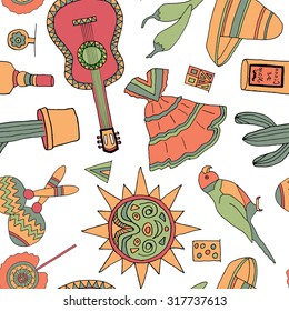 Seamless vector pattern with hand drawn mexican elements. Perfect background for your design. Travel to Mexico texture.