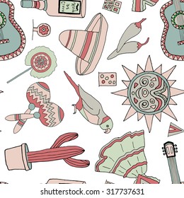 Seamless vector pattern with hand drawn mexican elements. Perfect background for your design. Travel to Mexico texture.