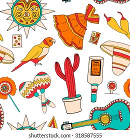 Seamless vector pattern with hand drawn mexican elements. Perfect background for your design. Travel to Mexico texture.