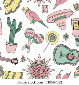 Seamless vector pattern with hand drawn mexican elements. Perfect background for your design. Travel to Mexico texture.