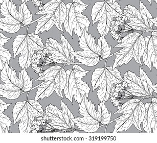 Seamless vector pattern with hand drawn guelder rose branches with berries and leaves. Monochrome graphic illustration.