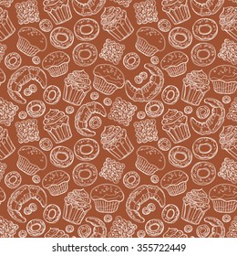 Seamless vector pattern with hand drawn doodle bakery products. Vector set of elements for menu design: cake, croissant, pancake, donut, cookie. Bakery&beverage for menu design.