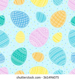 Seamless vector pattern with hand drawn easter eggs and dots. On blue background.