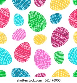 Seamless vector pattern with hand drawn easter eggs. On white background. Bright colors - pink, yellow, blue, purple and green.