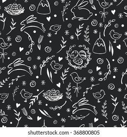 Seamless vector pattern with hand drawn Easter elements. Floral background. Ink hand drawn sketch. Linear illustration. Chalkboard.