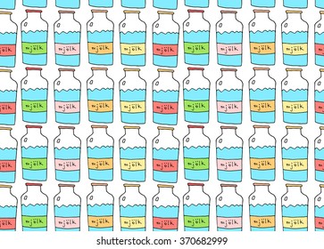 a seamless vector pattern with hand drawn cartoon multicolored milk bottles with sign in swedish 