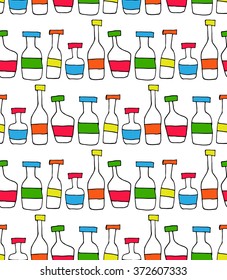 a seamless vector pattern with hand drawn cartoon multicolored liquor bottles staying in the line