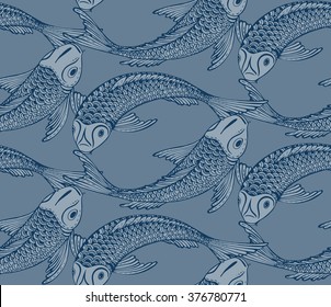 Seamless vector pattern with hand drawn Koi fish (Japanese carp). Symbol of love, friendship and prosperity.Blue endless background.