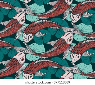 Seamless vector pattern with hand drawn Koi fish (Japanese carp), lotus leaves. Symbol of love, friendship and prosperity. Colorful endless background.