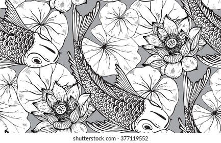 Seamless vector pattern with hand drawn Koi fish (Japanese carp), lotus leaves and flower. Symbol of love, friendship and prosperity. Black and white endless background.