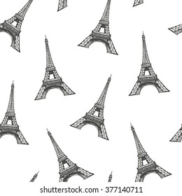 Seamless vector pattern with hand drawn of Eiffel Tower in Paris, France, isolated on white background