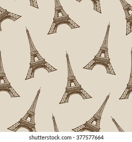 Seamless vector pattern with hand drawn illustration of Eiffel Tower in Paris, France, vintage travel background