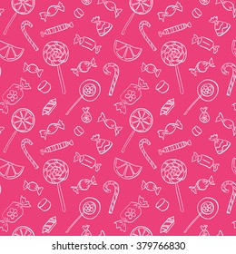 The seamless vector pattern with hand drawn sweets. Candy for Christmas