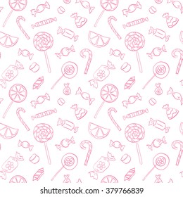 The seamless vector pattern with hand drawn sweets. Candy for Christmas