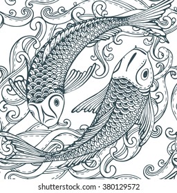 Seamless vector pattern with hand drawn Koi fish (Japanese carp). Symbol of love, friendship and prosperity. endless background