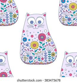 Seamless vector pattern with hand drawn doodle cats. Cute kitten with spring flower ornament. Light colors - violet, pink, yellow, blue and green. Nice background for children.