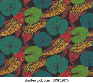 Patrón vectorial transparente con peces Koi dibujados a mano (carpa japonesa), hojas de loto. Símbolo de amor, amistad y prosperidad. Fondo interminable y colorido