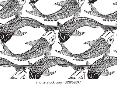 Seamless vector pattern with hand drawn Koi fish (Japanese carp). Symbol of love, friendship and prosperity. Black and white endless background.