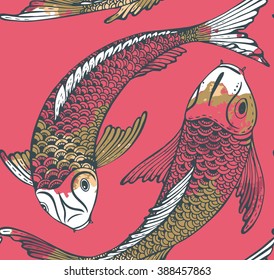 Patrón vectorial sin fisuras con peces Koi dibujados a mano (carpa japonesa) y textura acuarela. Símbolo de amor, amistad y prosperidad. Hermoso paisaje