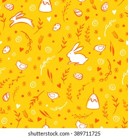Seamless vector pattern with hand drawn Easter elements. Floral orange background with bunny, cake, eggs and chicken. Ink  sketch. Linear illustration.  Decorative ornament.