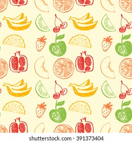 Seamless vector pattern with hand drawn fruit for menu fresh juice. Colorful background for fruit menu and  bar. 
