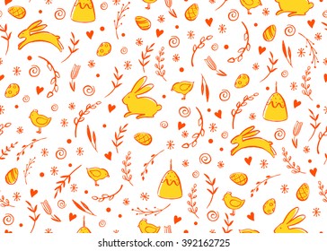 Seamless vector pattern with hand drawn Easter elements. Happy Easter. Floral  background. Ink hand drawn sketch. Linear illustration.  Decorative ornament. 