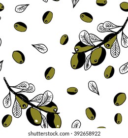 Seamless vector pattern with hand drawn olive tree twigs. Vintage olive texture