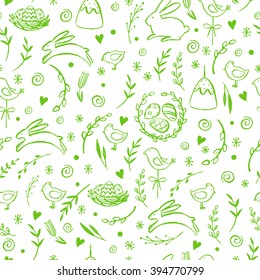 Seamless vector pattern with hand drawn Easter elements. Happy Easter. Floral  background. Ink hand drawn sketch. Linear illustration.