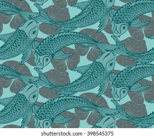 Seamless vector pattern with hand drawn Koi fish (Japanese carp), lotus leaves. Symbol of love, friendship and prosperity. Emerald  green endless background.