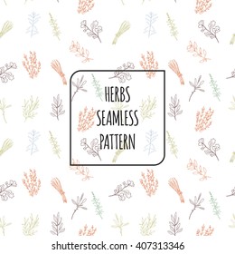 Seamless vector pattern with hand drawn herbs and spices in pastel colors