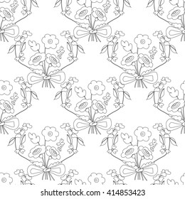 Seamless vector pattern with hand drawn stylized contour black and white flowers and leaves. Slavic folk ornament with floral bouquet tied with a bow. Can be used for linen, textile, wallpaper etc.