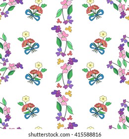 Seamless vector pattern with hand drawn stylized summer flowers and leaves. Slavic folk ornament with floral bouquet tied with a bow. Can be used for linen, textile, wallpaper etc.