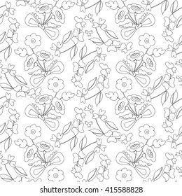 Seamless vector pattern with hand drawn stylized contour black and white flowers and leaves. Slavic folk ornament with floral bouquet tied with a bow. Can be used for linen, textile, wallpaper etc.
