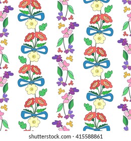 Seamless vector pattern with hand drawn stylized summer flowers and leaves. Slavic folk ornament with floral bouquet tied with a bow. Can be used for linen, textile, wallpaper etc.