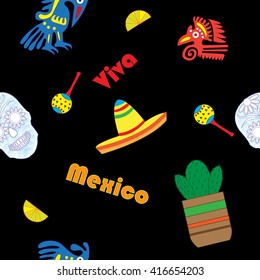 Seamless vector pattern with hand drawn elements of Mexican guitar, sombrero, skull, Aztec mask, music instruments. Perfect background for your design. Travel to Mexico texture.