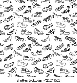 Seamless vector pattern with hand drawn men and women shoes. Summer fashion collection. Black and white.