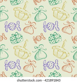 Seamless vector pattern with hand drawn colorful gifts, cake, candy on the grey background. Series of Cartoon, Doodle, Sketch and Hand drawn Seamless Patterns.
