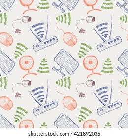 Seamless vector pattern with hand drawn colorful monitor, pc mouse, wifi router and usb cable on the white background. Series of Technology, Cartoon, Doodle, Sketch and Hand drawn Seamless Patterns.