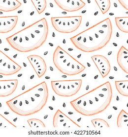 Seamless vector pattern with hand drawn fruits. Background with piece of watermelons. Series of Cartoon, Doodle, Sketch and Hand drawn Seamless Patterns.