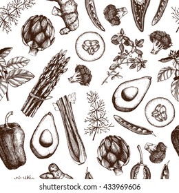 Seamless Vector Pattern With Hand Drawn Green Vegetables And Spices. Organic Food Sketch. Vintage Herbs  Background Isolated On White.