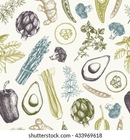 Seamless vector pattern with hand drawn green vegetables and spices. Organic food sketch. Vintage pastel colored herbs background.