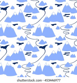 Seamless vector pattern with hand drawn mountains and river motif
