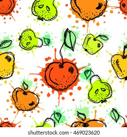 Seamless vector pattern. Hand drawn  fruits illustration of colorful cherry, apple, pear, berry, strawberry with splash and drop, on the white background. Line drawing, 