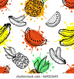 Seamless vector pattern. Hand drawn  fruits illustration of banana, pineapple and watermelon with splash and drop, on the white background. Line drawing, Series of fruits vector seamless Patterns.