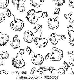 Seamless vector pattern. Hand drawn black and white fruits illustration of cherry, apple, pear on the white background. Line drawing, 