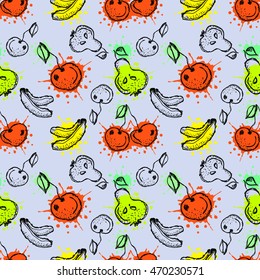 Seamless vector pattern. Hand drawn  fruits illustration of colorful cherry, banana, pear, berry, strawberry with splash and drop, on the blue background. Line drawing, 
