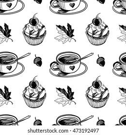 Seamless vector pattern in hand drawn style. Vector sketch. Cup of coffee in the hands, cupcake, autumn  leaves. 