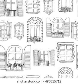 Seamless vector pattern. Hand drawn windows. Vintage frameworks. Black and white windows on the white background. City architecture.