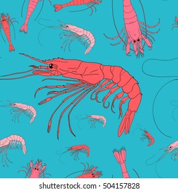 Seamless vector pattern from hand drawn shrimps on a blue background. Seafood illustration for graphic and web design, for restaurant, menu, fish market. 